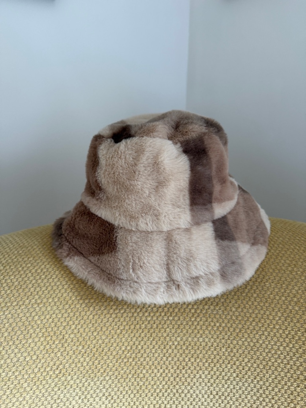 Plush Faux Fur Checkered Bucket Hat